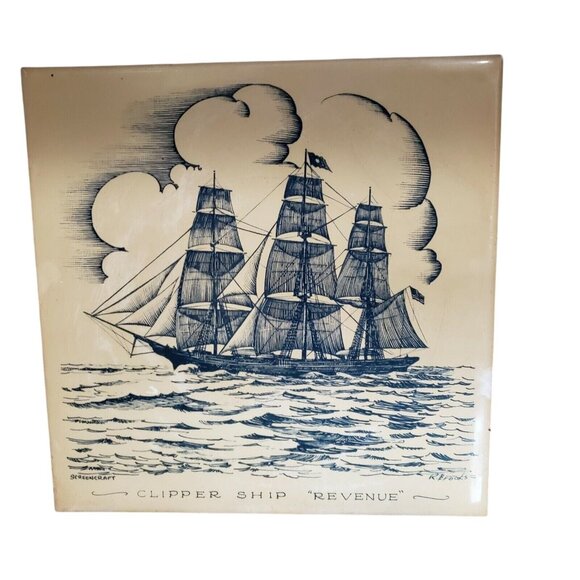 Vintage Screencraft Clipper Ship Tile Trivet Set Hippogriffe Revenue 6"x6" - Picture 2 of 8